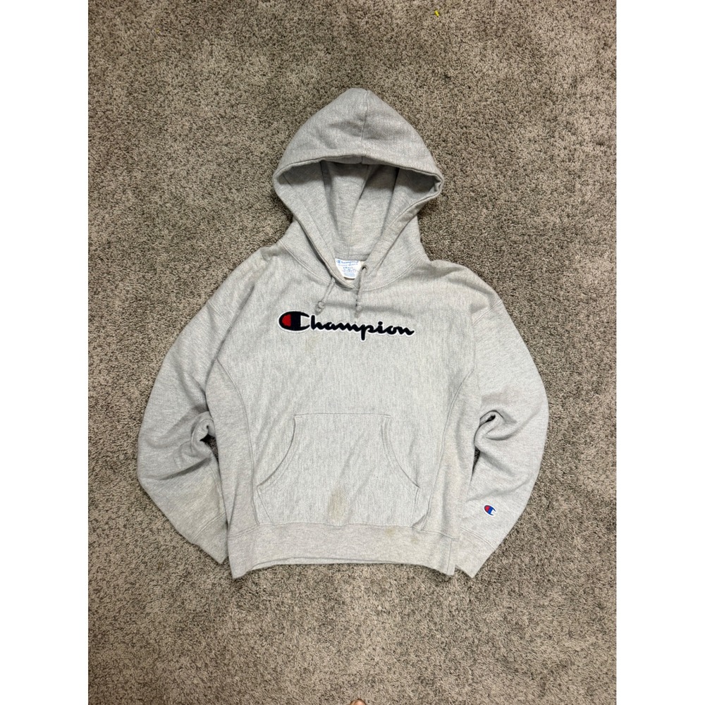 Champion Reverse Weave Hoodie Gray Embroidered Script Logo Sweatshirt Small
